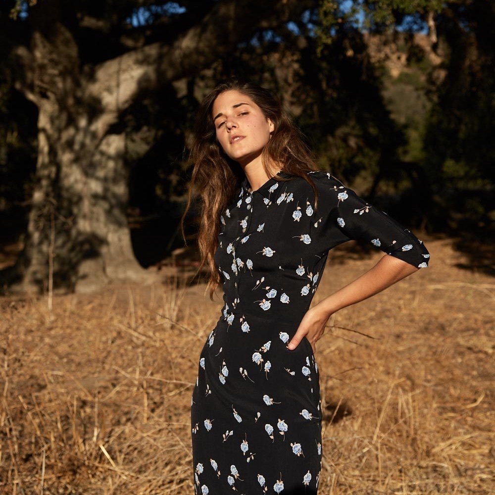 Christy Dawn Deyko 3/4 Sleeve Fitted Front Button Midi Dress in Navy Blue Floral